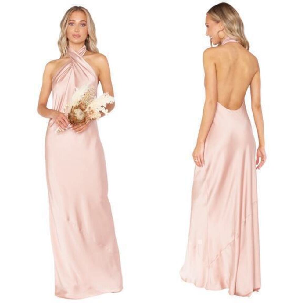Show Me Your Mumu Jasmine Halter Maxi Dress Rose Gold Luxe Satin size XS